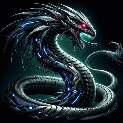The primary subject of the image is a large, colorful, and intricately designed snake. The snake is depicted with a mix of blue, green, and red colors, giving it a vibrant and lively appearance. The snake is coiled and appears to be in a menacing pose, with its mouth open.

The setting of the image is a dark background, which contrasts with the snake's vivid colors. The visual style of the image is digital art, as it is a